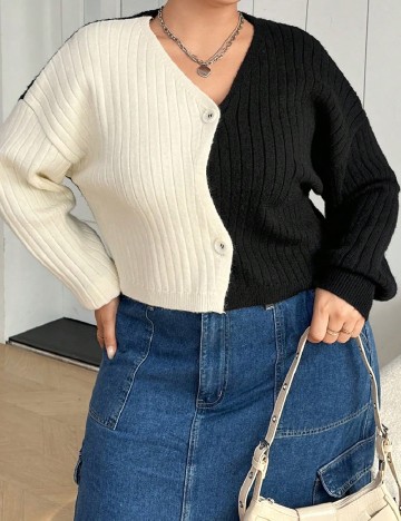 Cardigan SHEIN CURVE, negru/crem