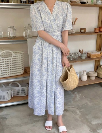 Rochie medie Dazy, alb/albastru