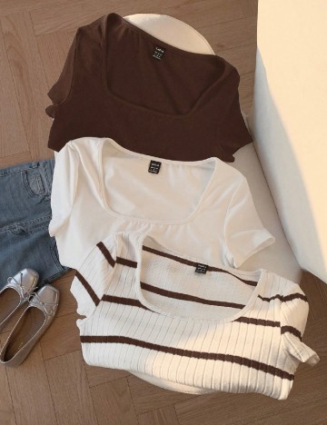 Set Tricouri 3 bucati SHEIN, alb/maro