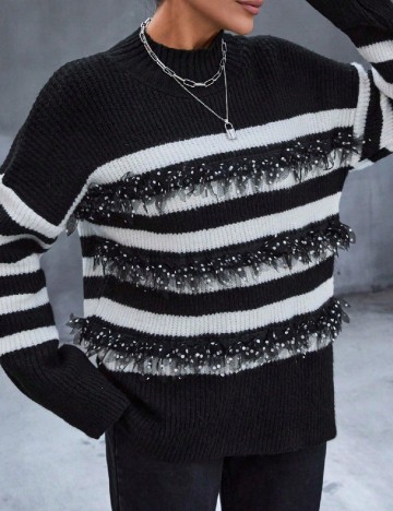 Pulover Oversize SHEIN, alb/negru