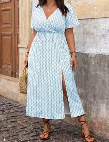 Rochie lunga SHEIN CURVE, alb/albastru