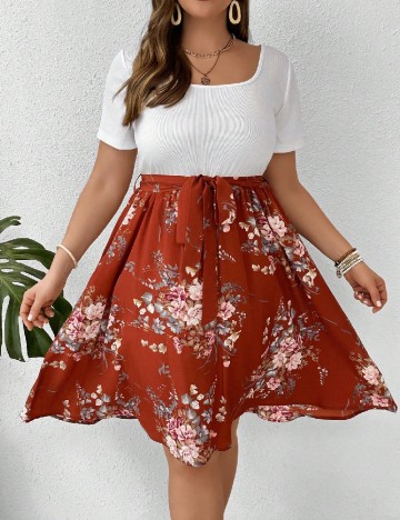 Rochie scurta SHEIN CURVE, alb/maro