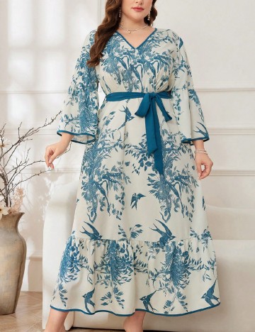 Rochie lunga SHEIN CURVE, alb/albastru