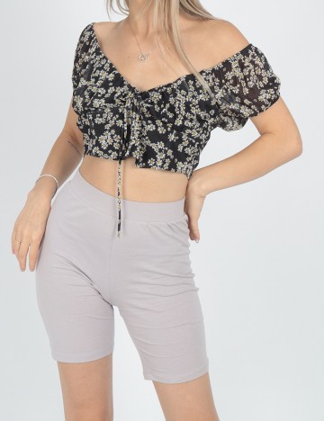 Top Bershka, negru floral, L