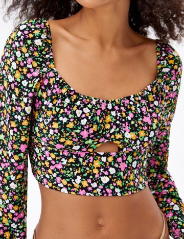 Top Bershka, negru floral, L