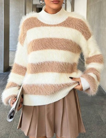 Pulover Oversize SHEIN, maro/alb