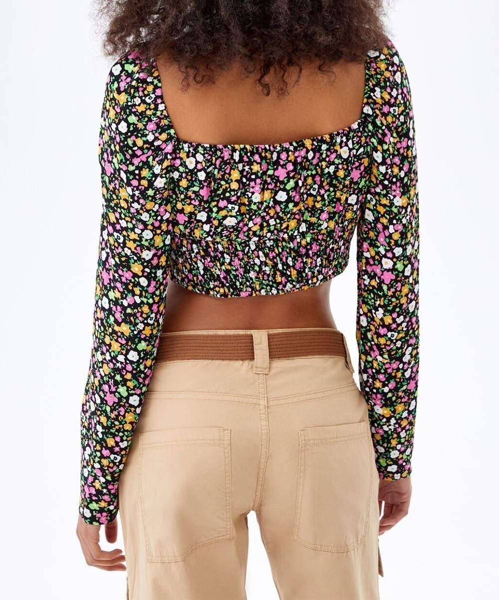 Top Bershka, negru floral, XS - 1 | YEO