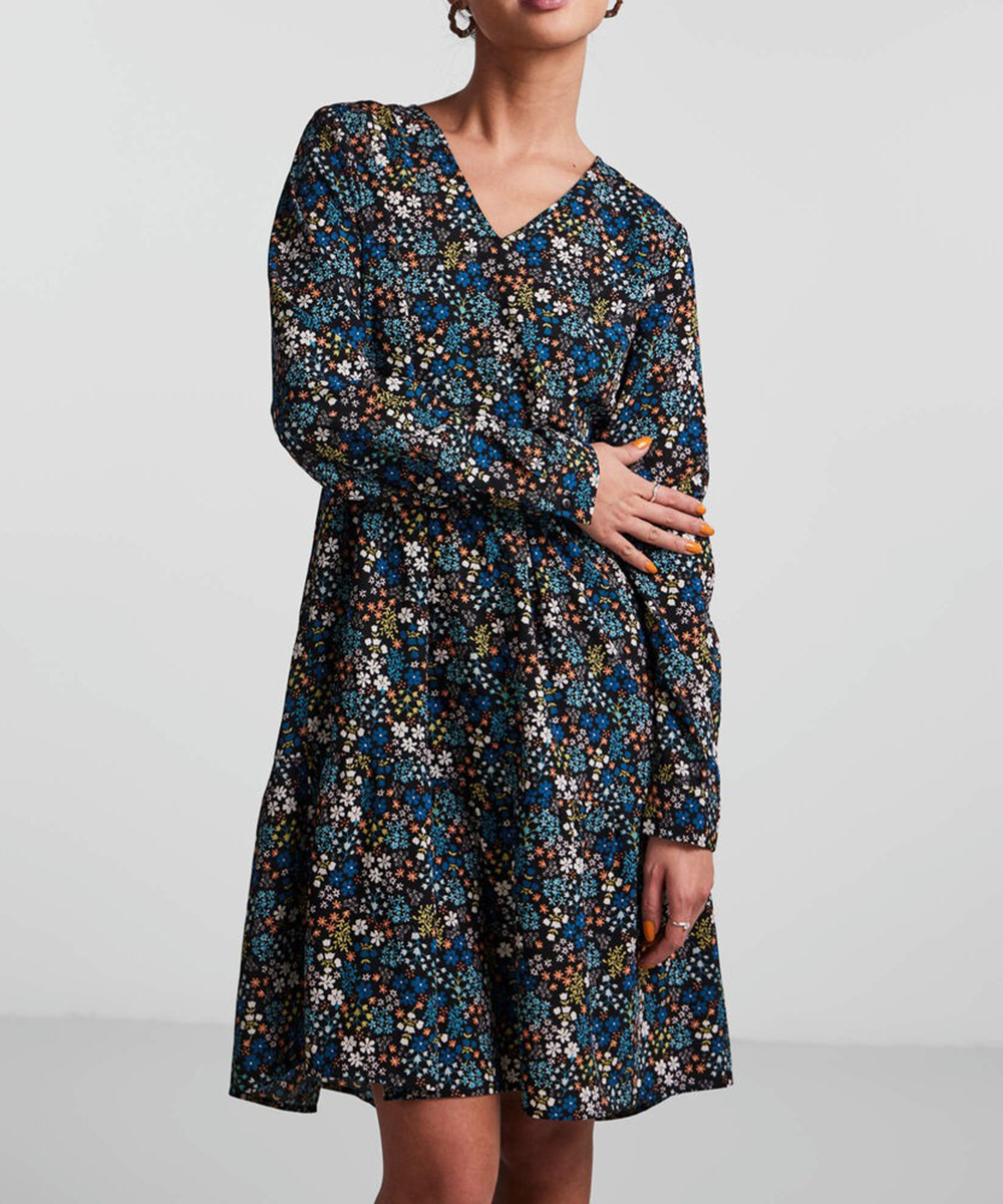 Rochie scurta Pieces, negru floral