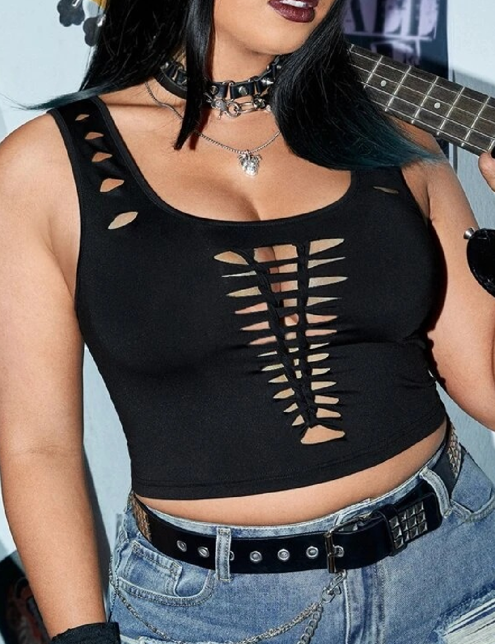 Top Romwe Plus Size, negru