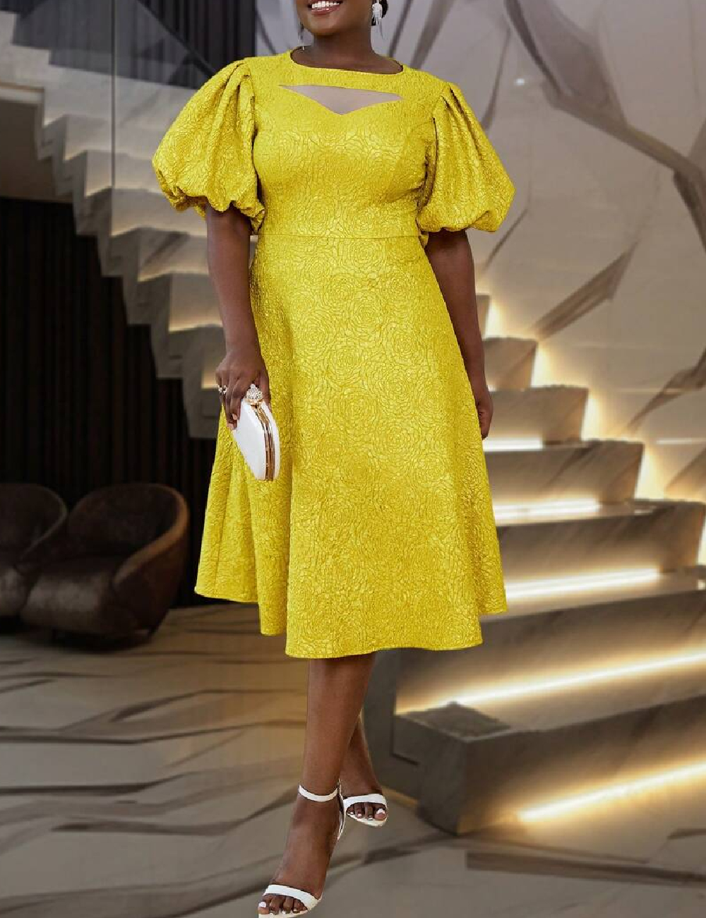 Rochie medie Plus Size Aomei, galben