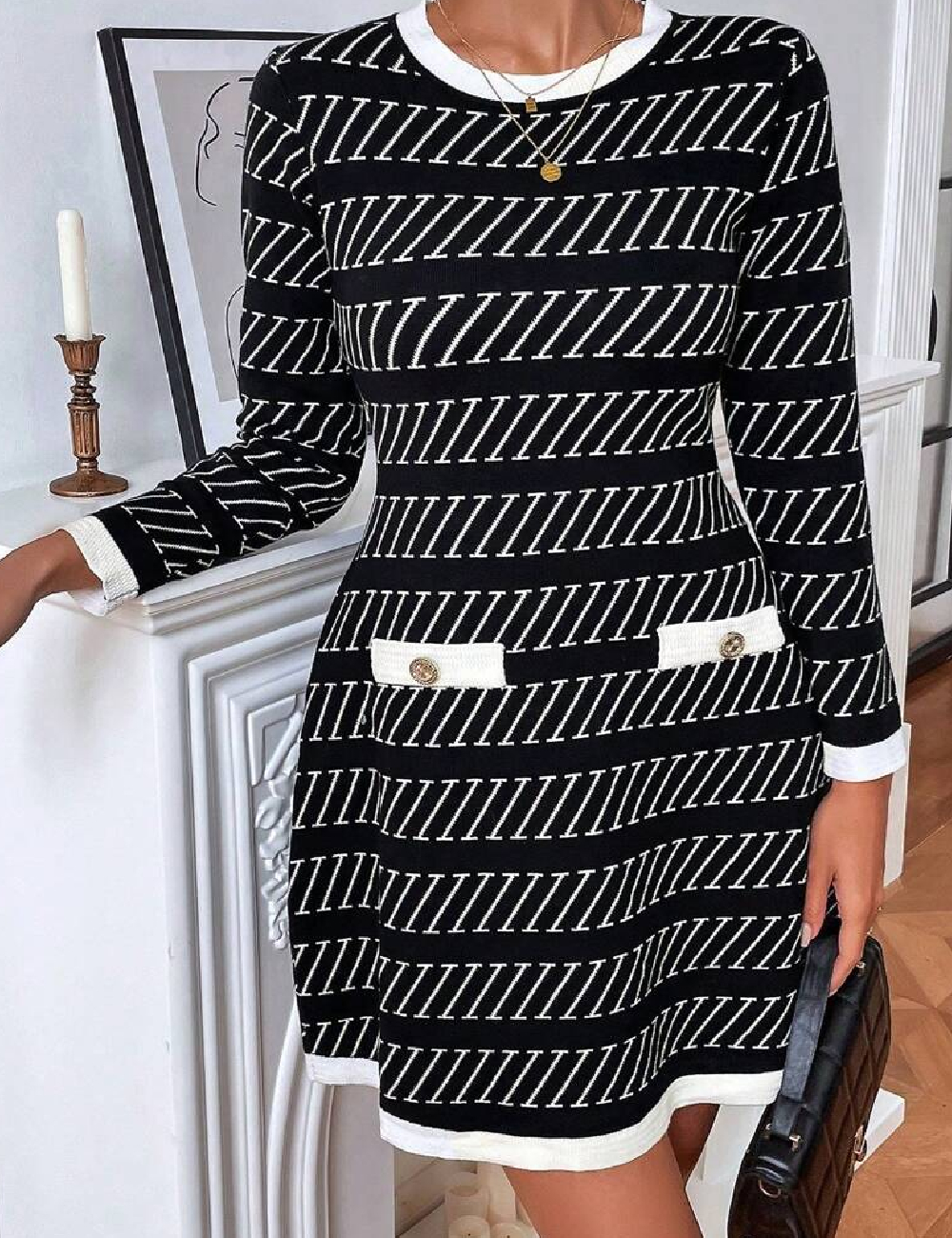 Rochie scurta Knit Mix, negru - 1 | YEO