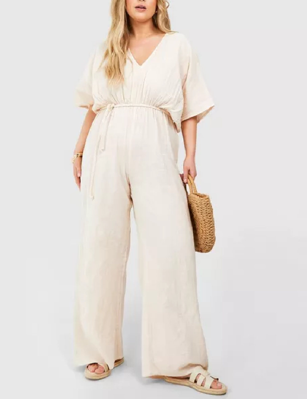 Salopeta Boohoo Plus Size, crem