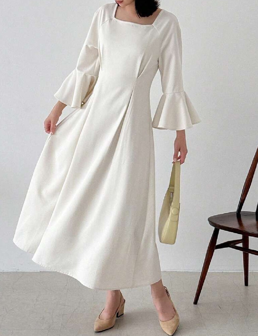 Rochie lunga Friful, ecru - 1 | YEO