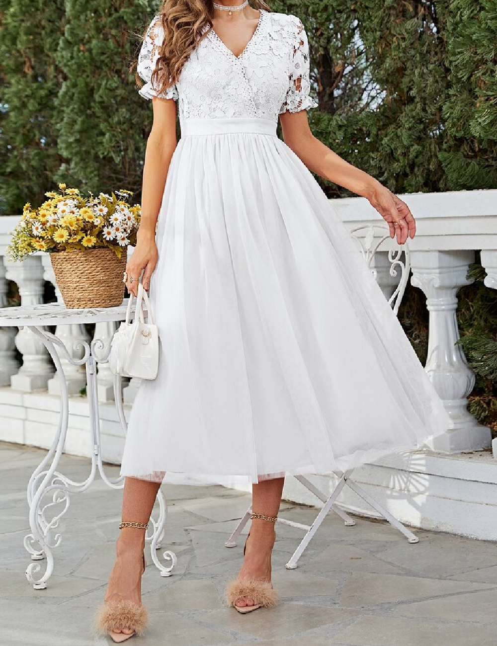 Rochie medie Simplee, alb