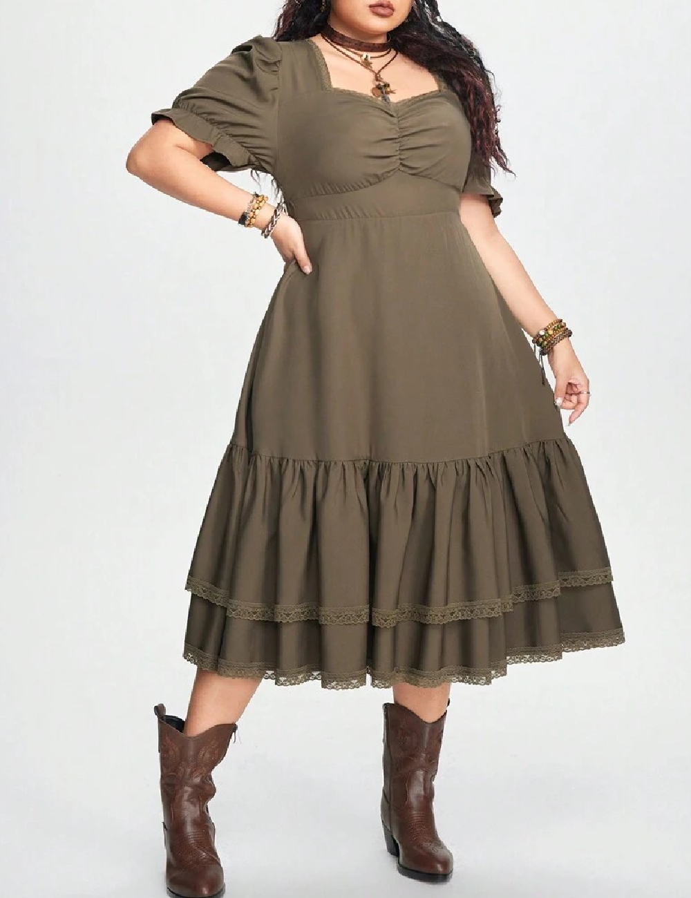 Rochie medie Romwe Plus Size, kaki