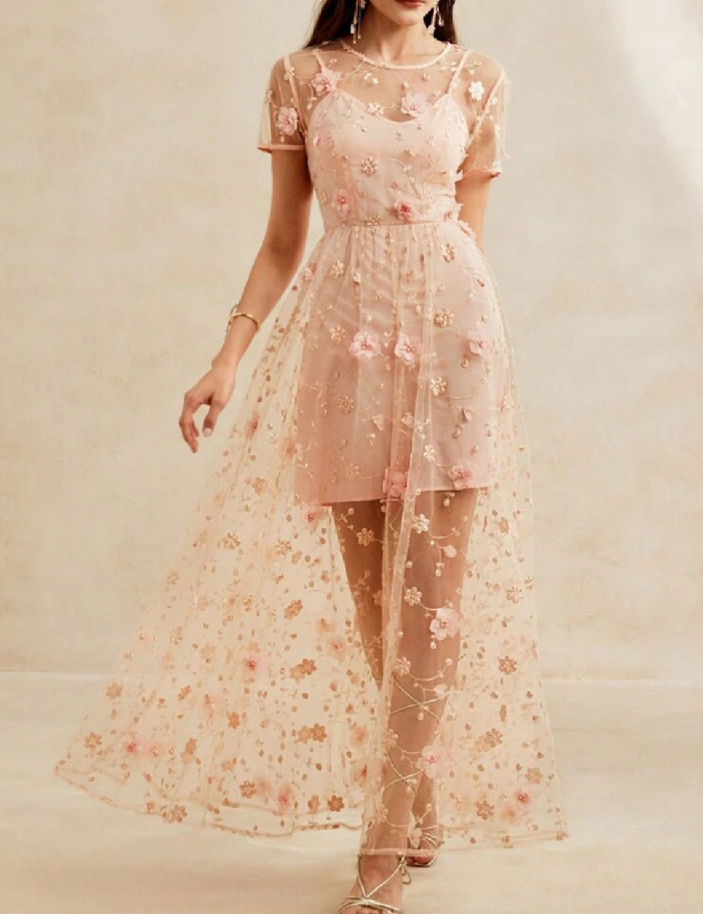 Rochie lunga Anewsta, roz pal