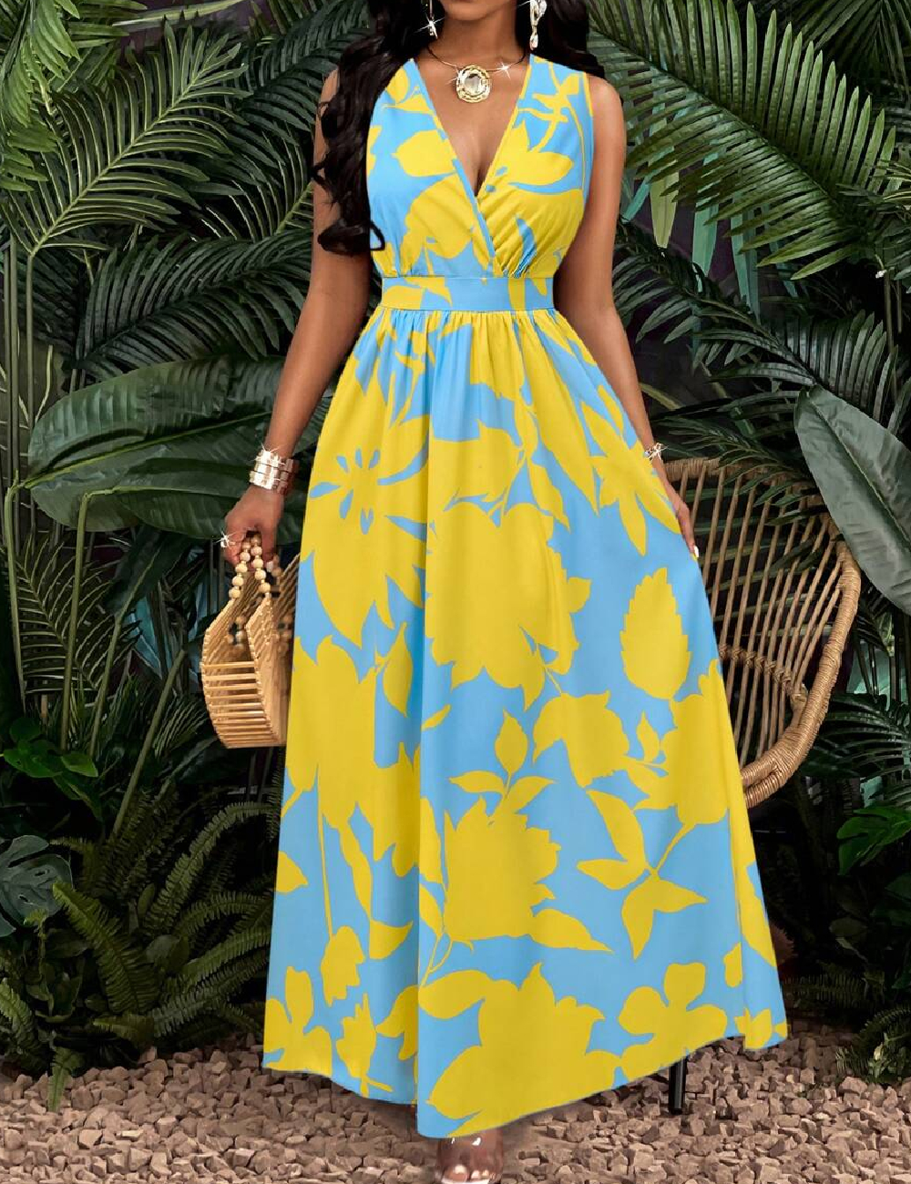 Rochie lunga SHEIN, albastru/galben