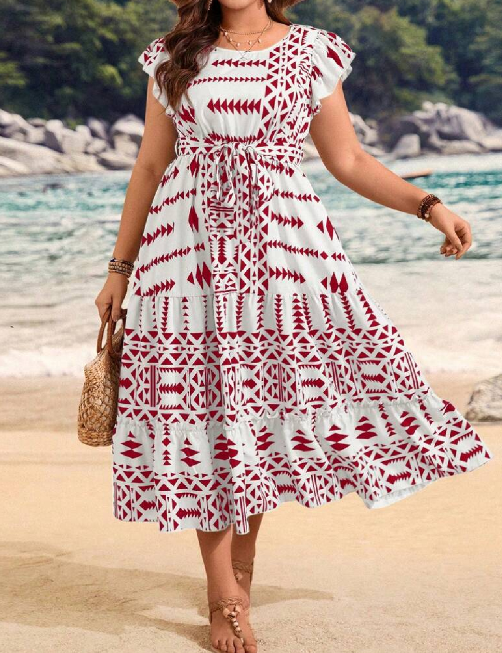 Rochie medie SHEIN CURVE, alb/rosu