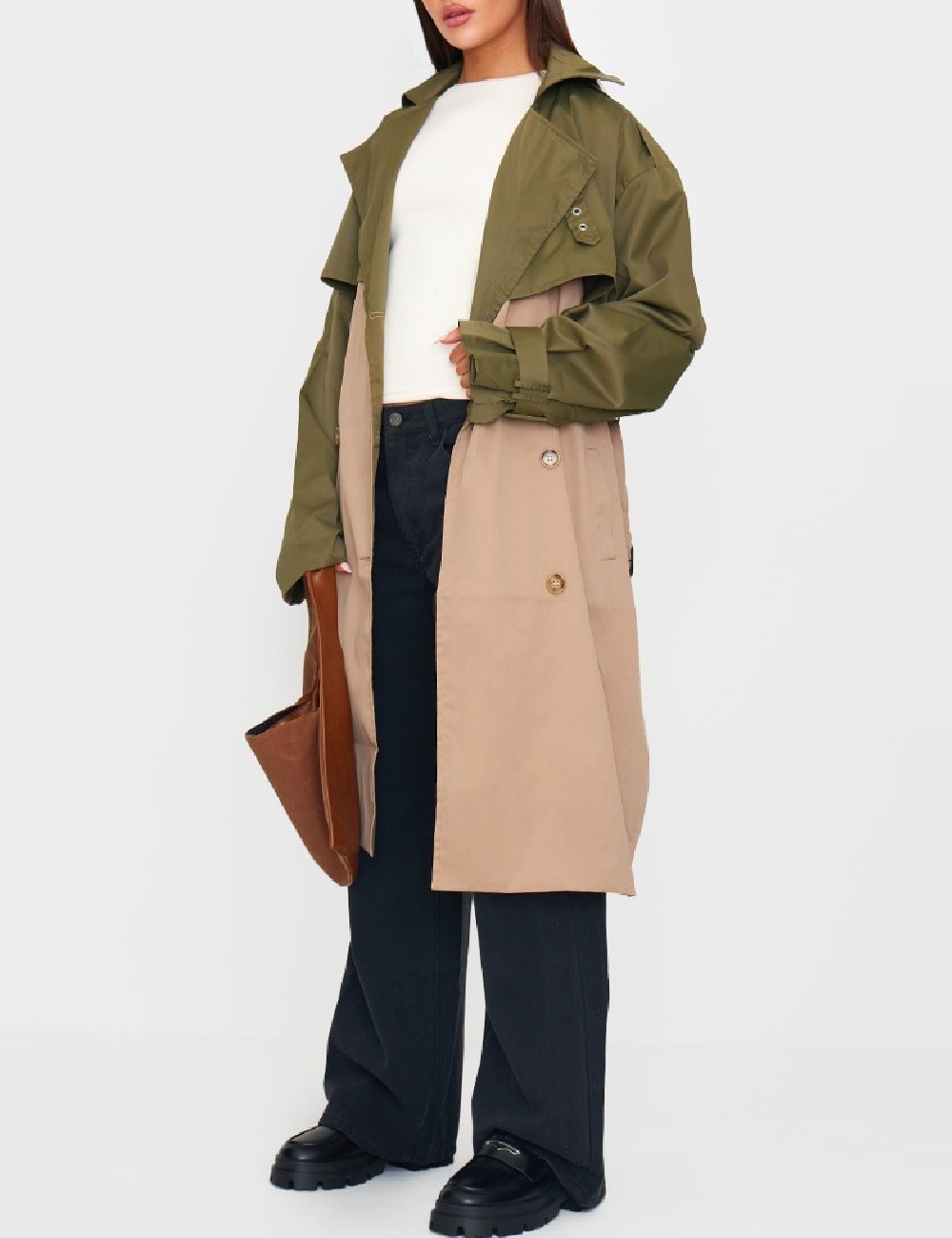 Trench PRETTYLITTLETHING, verde/crem - 1 | YEO