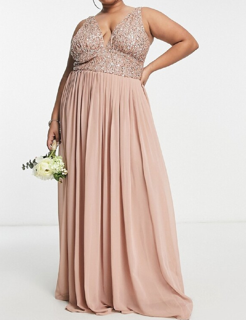 Rochie lunga Beauut Plus Size, roz pudra