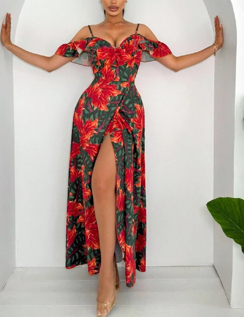 Rochie lunga SHEIN, verde/rosu