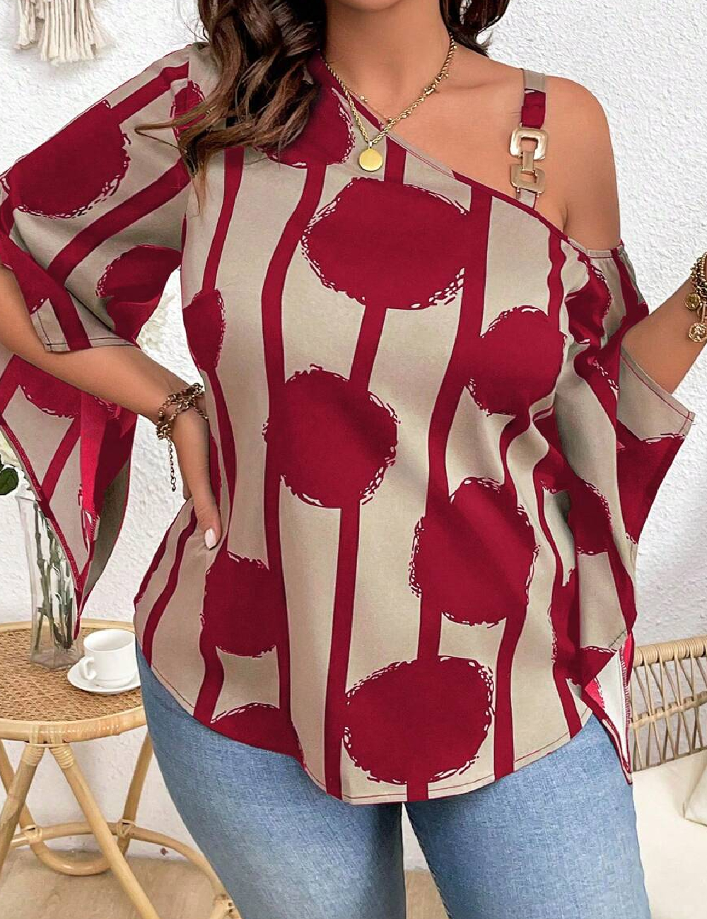 Bluza SHEIN CURVE, bej/rosu