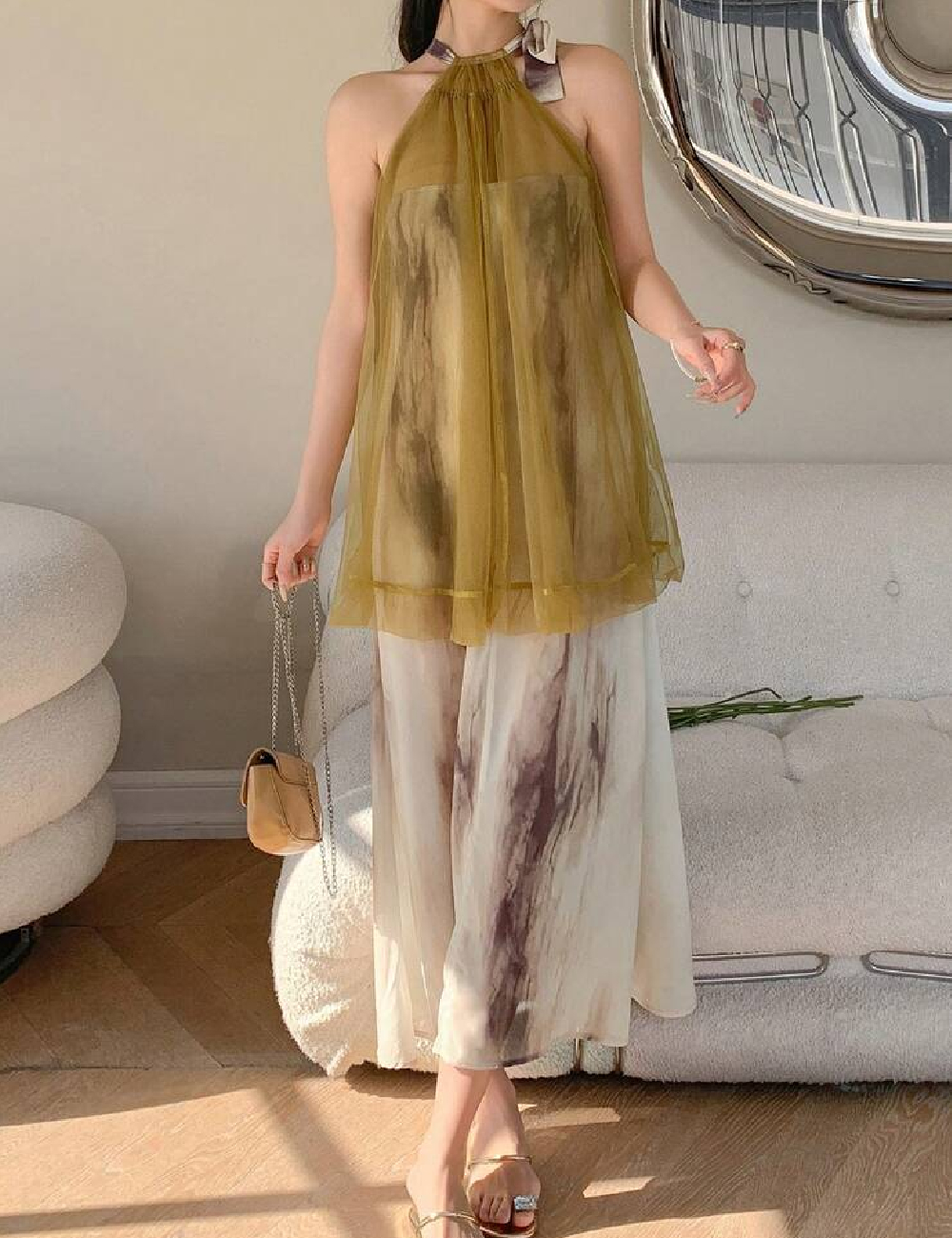 Rochie lunga Dazy, crem/verde