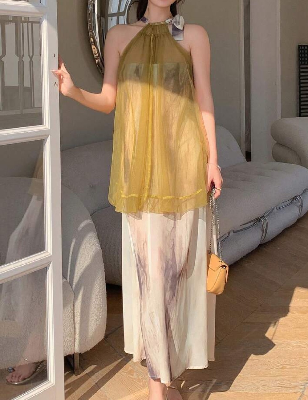 Rochie lunga Dazy, crem/verde - 1 | YEO