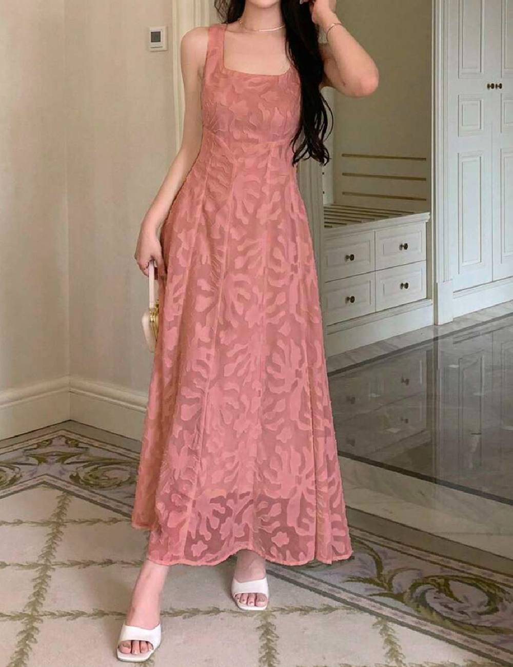 Rochie lunga Dazy, roz pudra