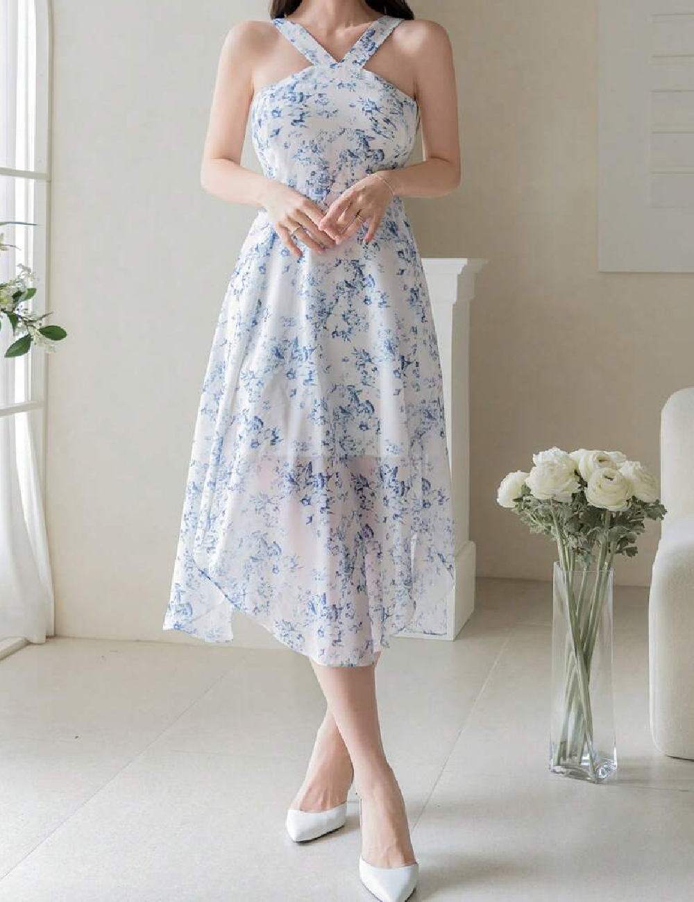 Rochie medie Dazy, alb/albastru