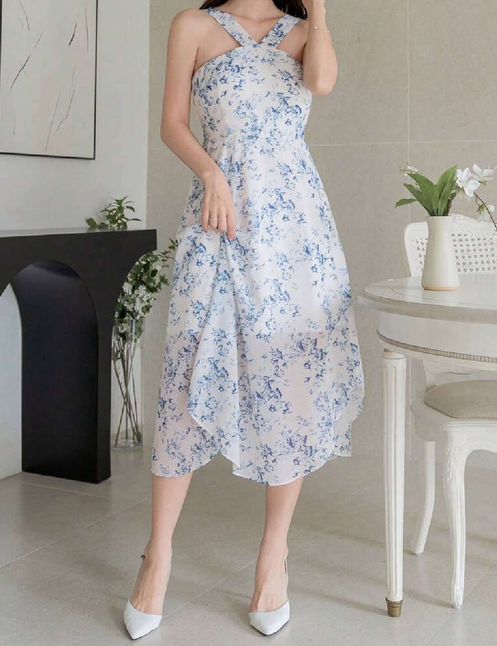 Rochie medie Dazy, alb/albastru - 1 | YEO