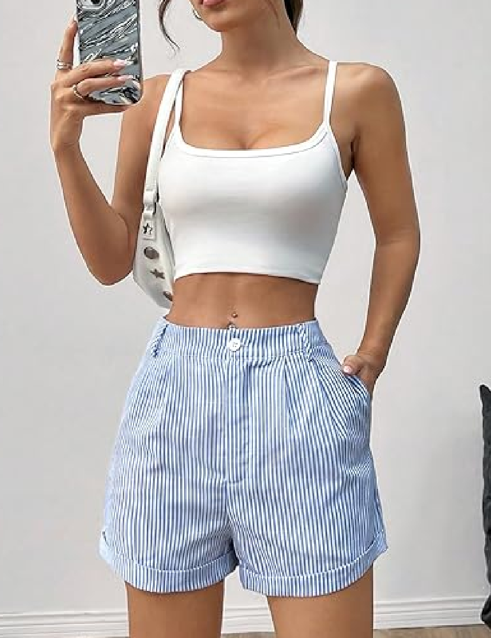 Pantaloni scurti SHEIN, albastru/alb