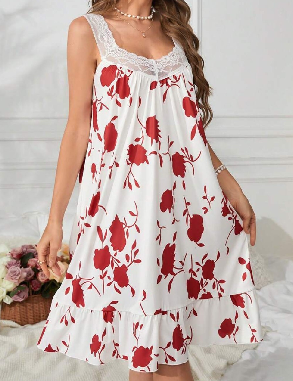 Rochie de noapte SHEIN, alb/rosu - 1 | YEO