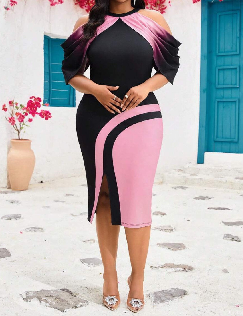Rochie medie SHEIN CURVE, negru/roz - 1 | YEO