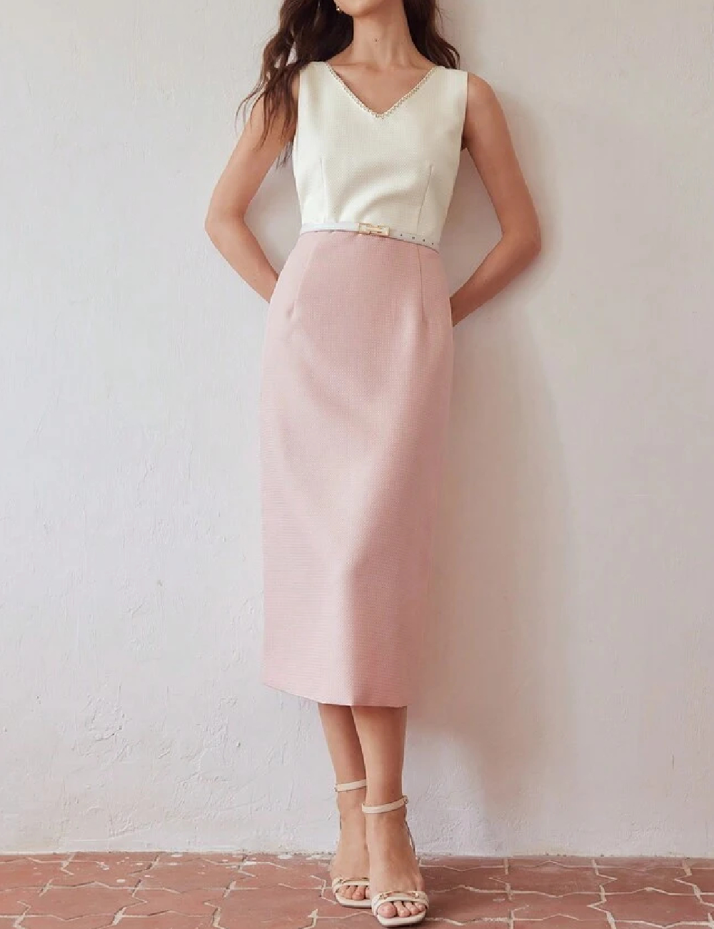 Rochie medie MOTF, alb/roz