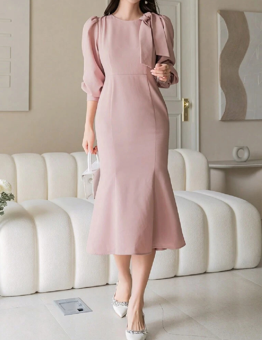 Rochie medie Dazy, roz pudra