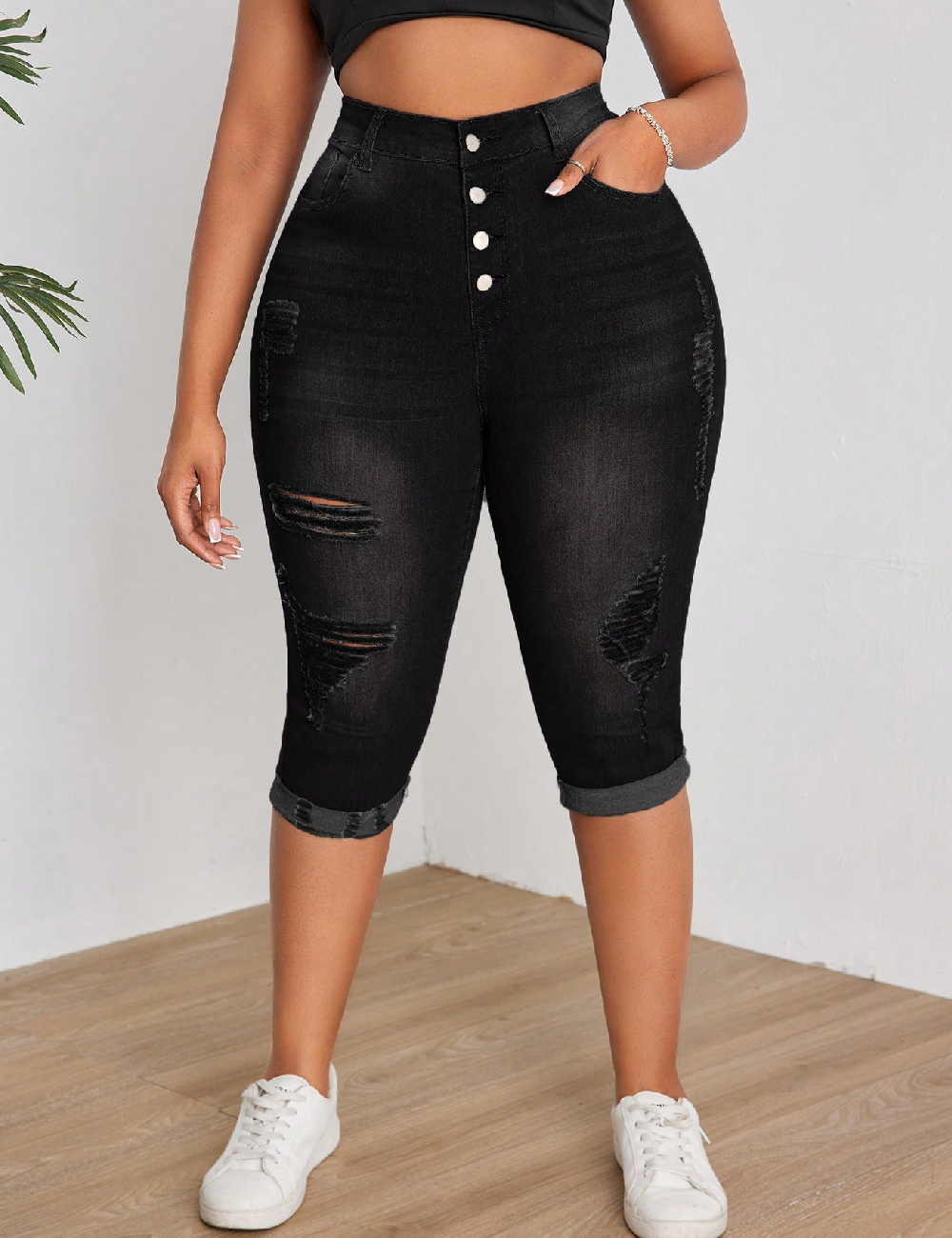 Pantaloni trei sferturi SHEIN CURVE, negru
