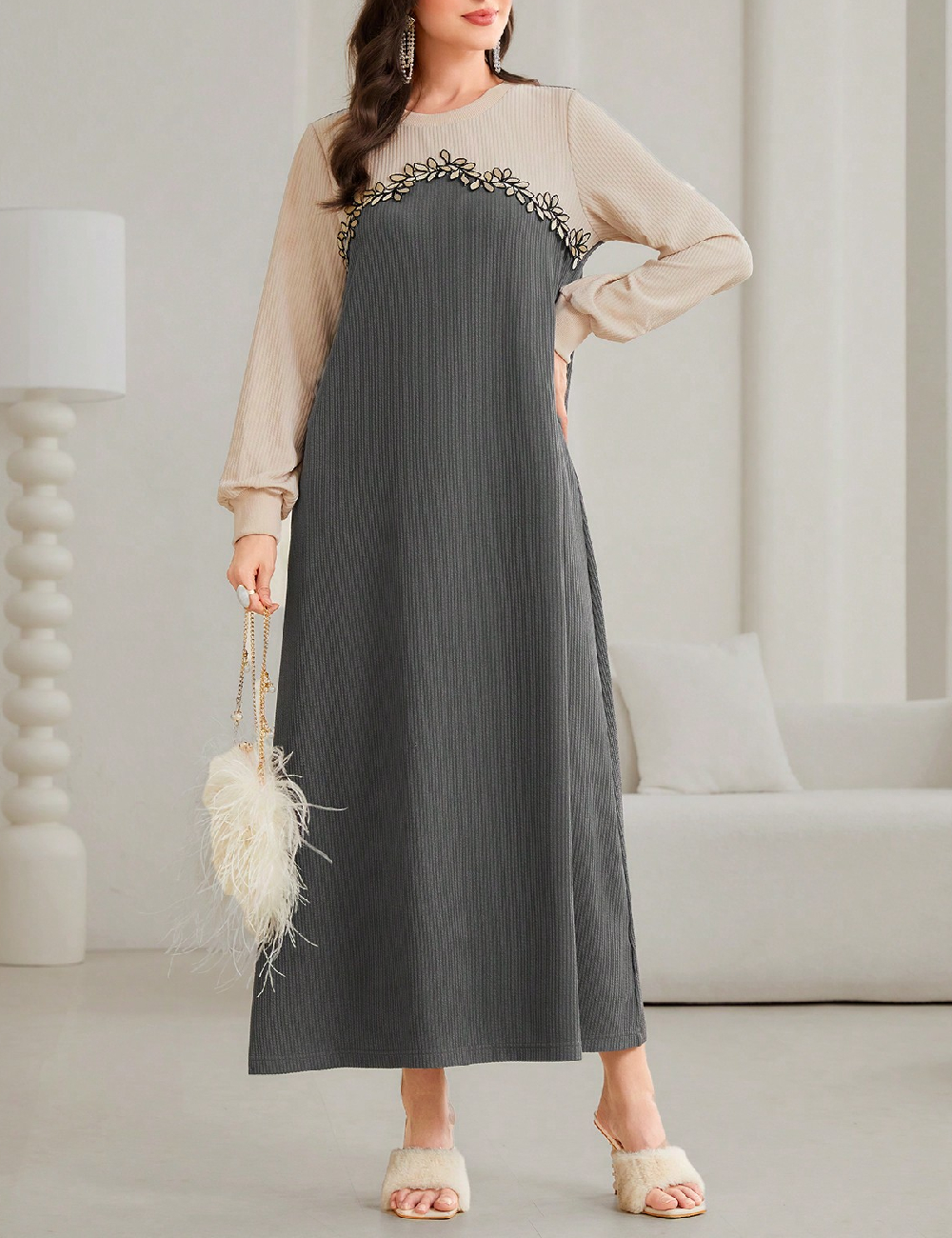 Rochie medie SHEIN, gri/crem