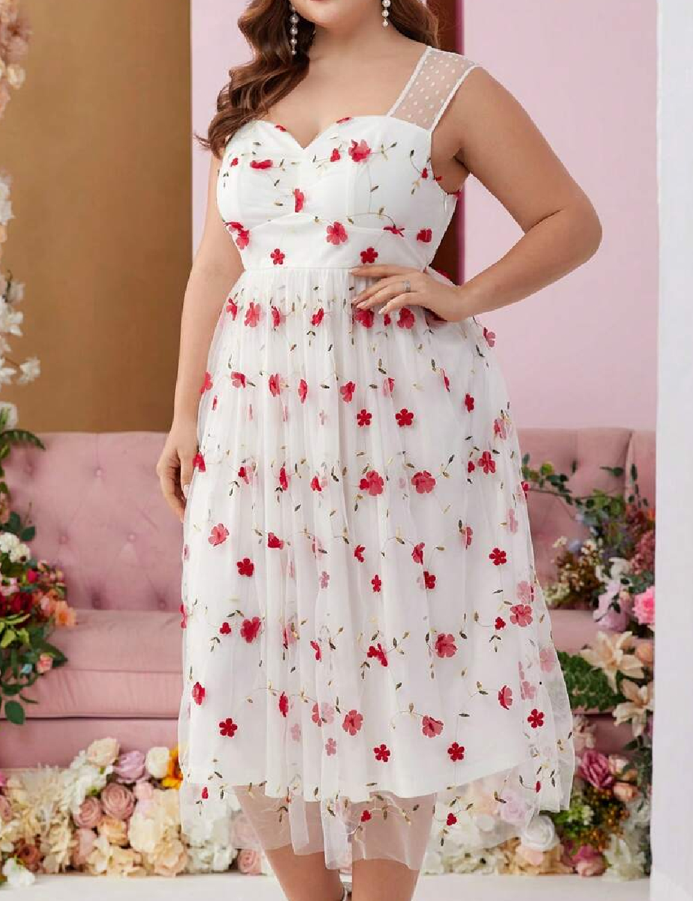 Rochie medie SHEIN CURVE, alb/rosu - 1 | YEO