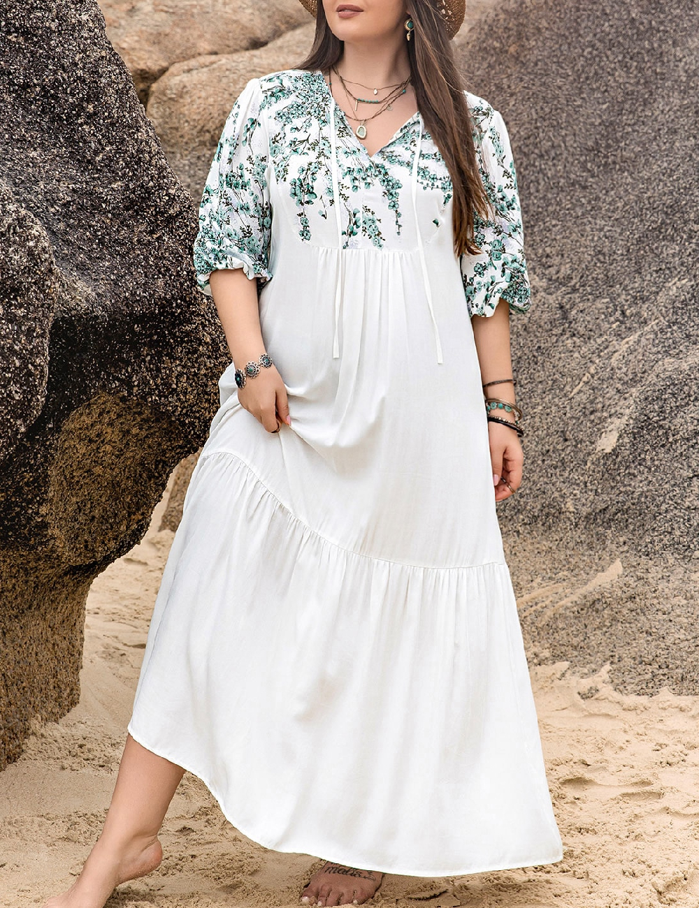 Rochie lunga Rusttydustty Plus Size, alb