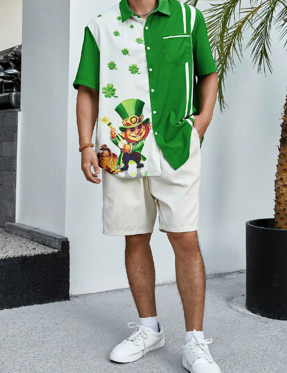 Camasa SHEIN Plus Size Men, alb/verde