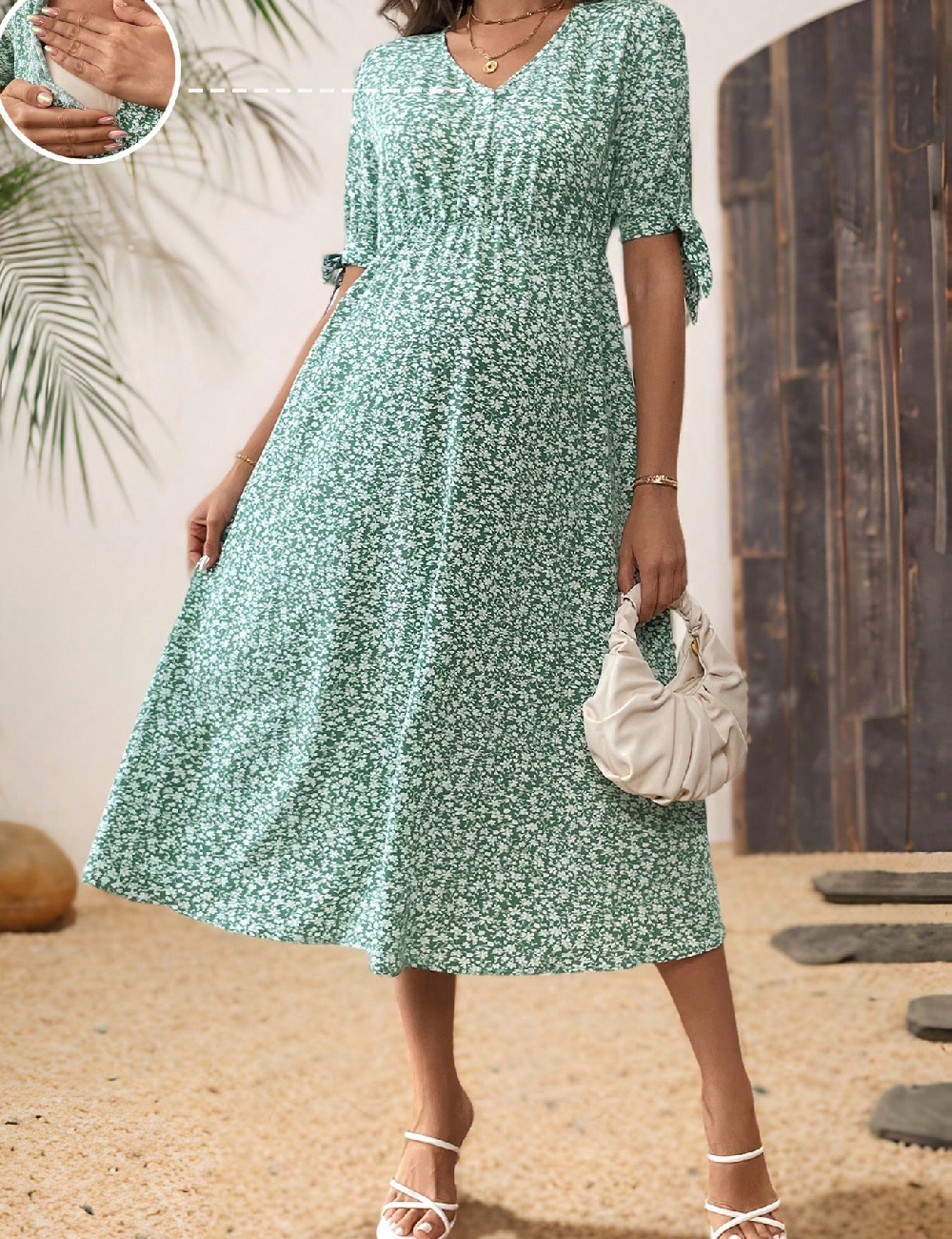 Rochie medie SHEIN Maternity, verde/ecru