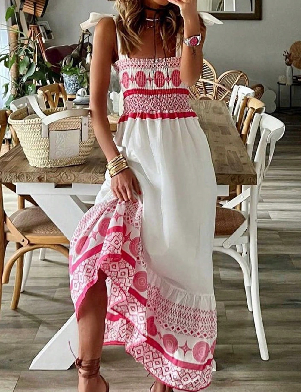 Rochie lunga SHEIN, alb/roz