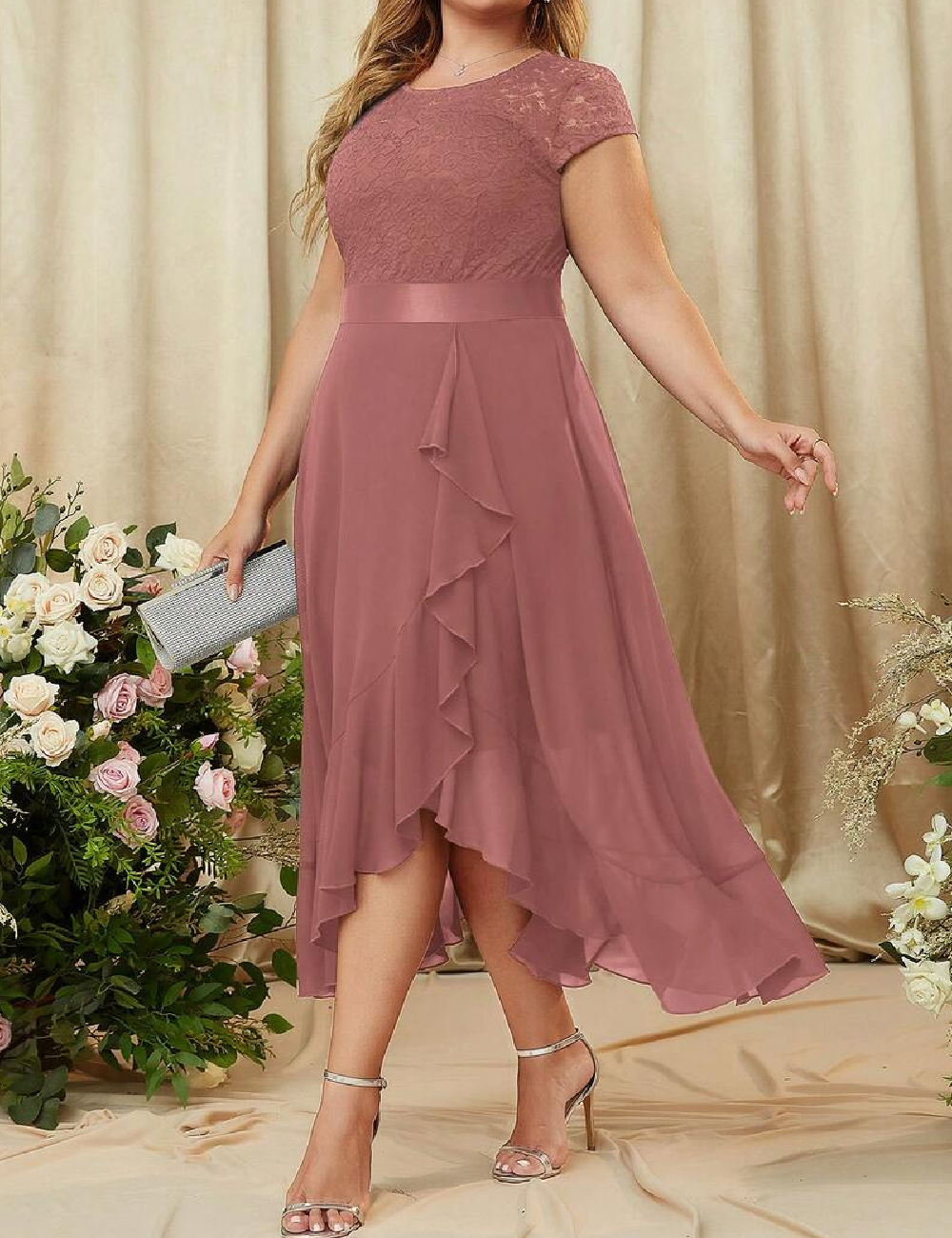 Rochie medie Miusol Plus Size, roz pudra inchis