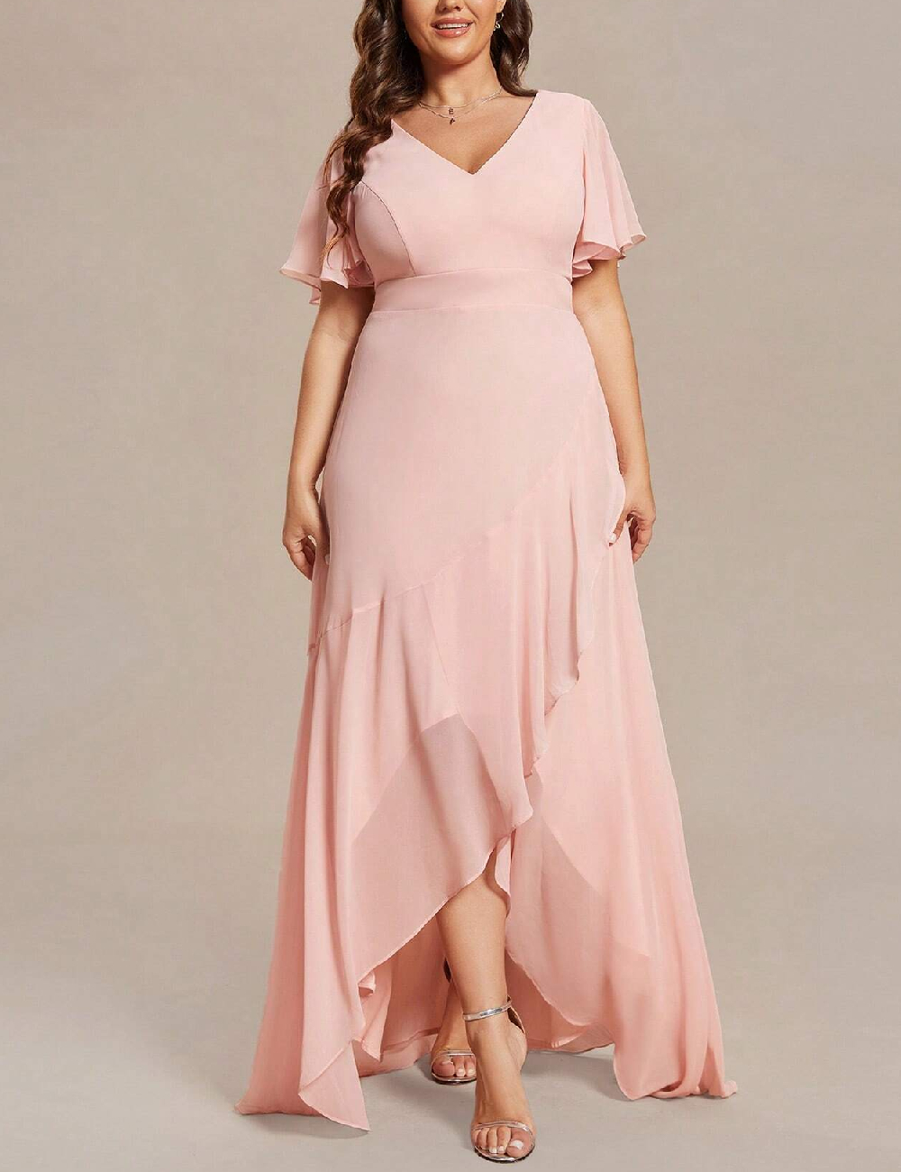 Rochie lunga Ever-Pretty Plus Size, roz pudra
