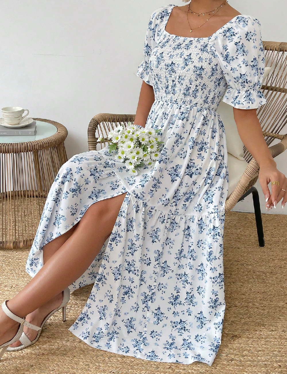 Rochie lunga SHEIN, alb/albastru