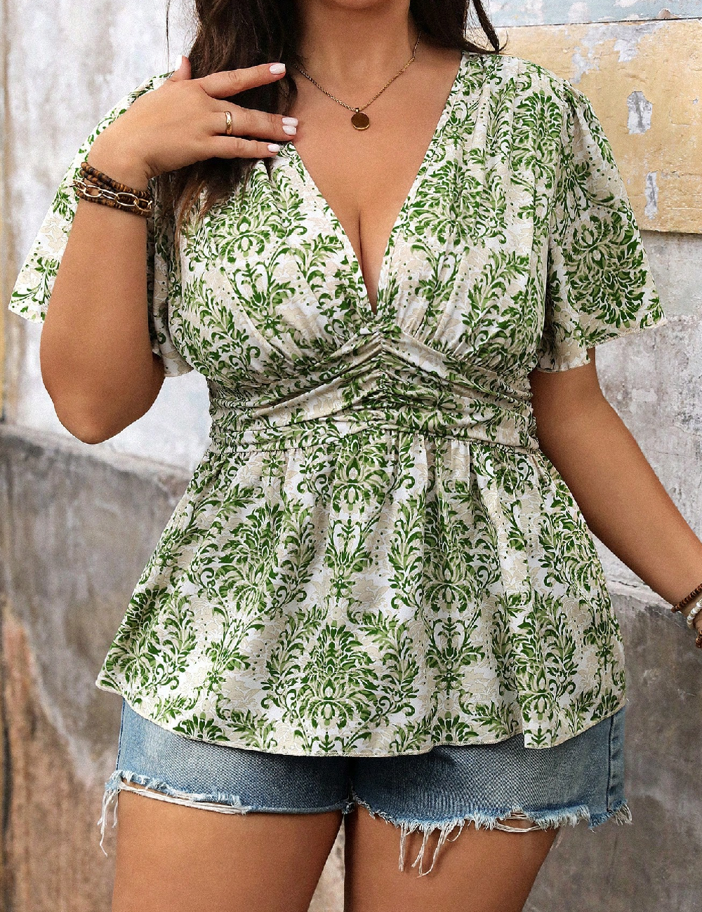 Bluza SHEIN CURVE, verde/crem