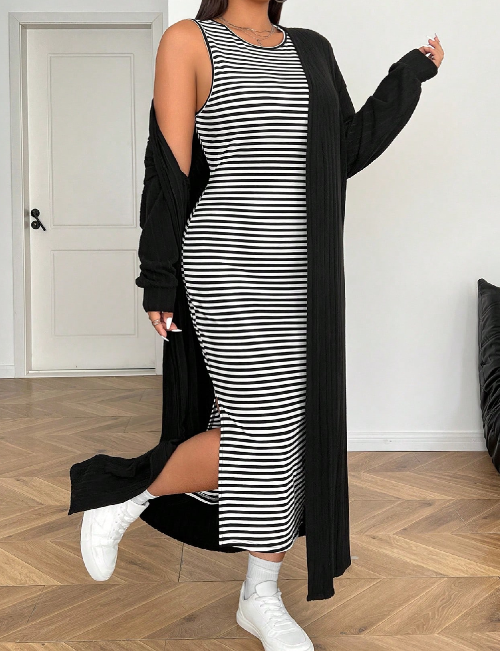 Set Rochie si Cardigan SHEIN CURVE, alb/negru