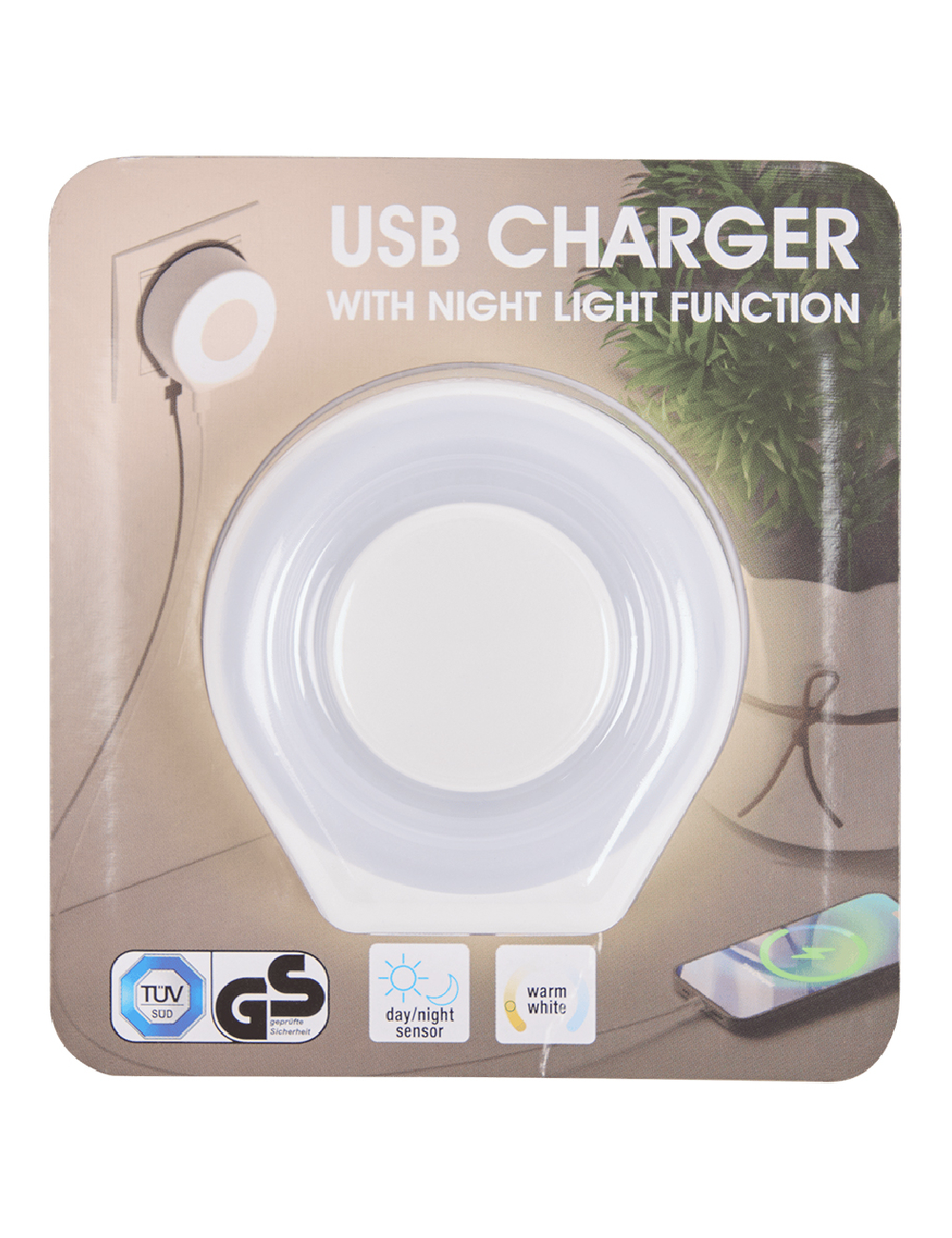 Incarcator USB cu functie de lumina de noapte ACTION, alb