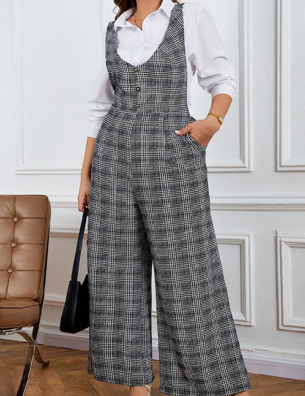 Salopeta SHEIN CURVE, alb/negru